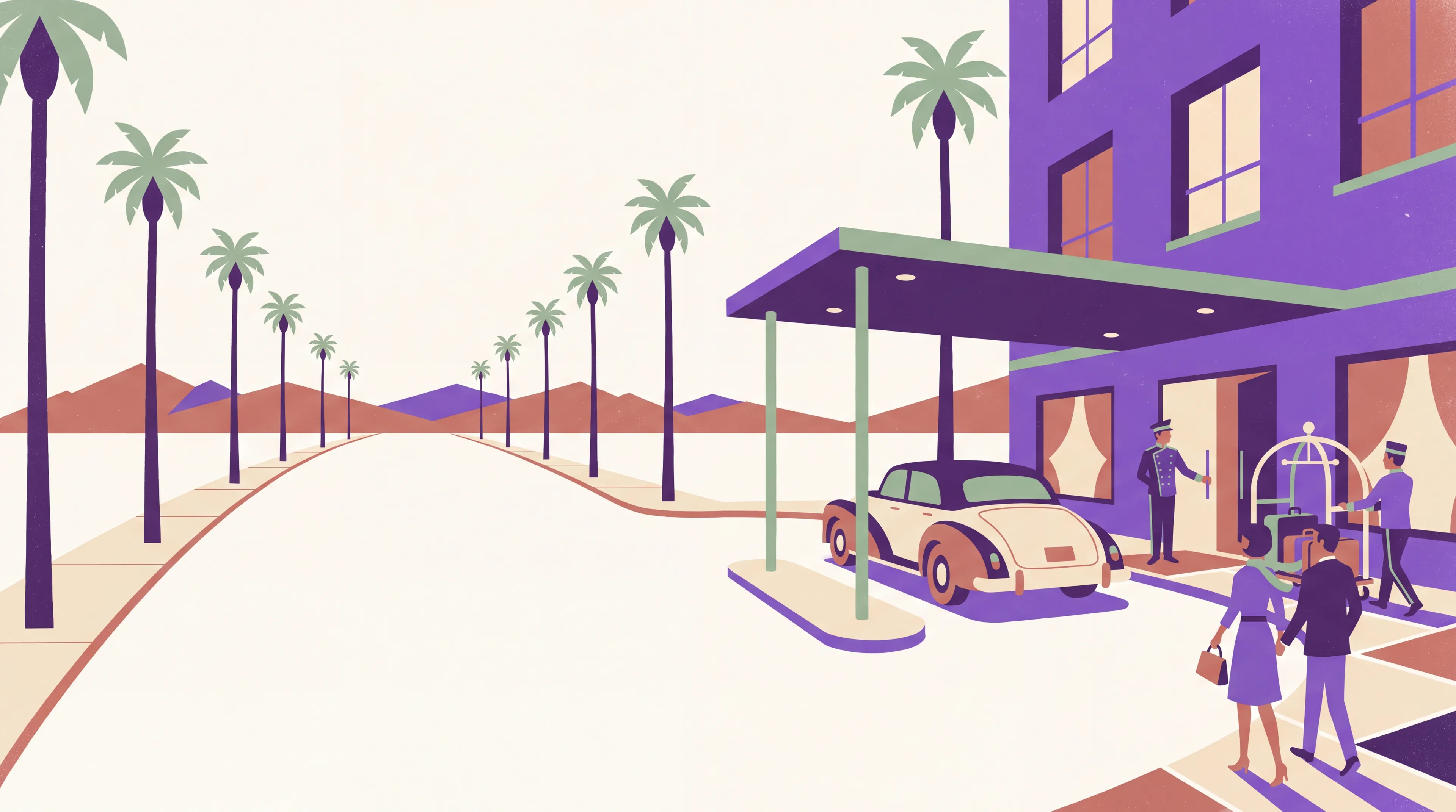 Illustration of guests arriving at a boutique hotel entrance